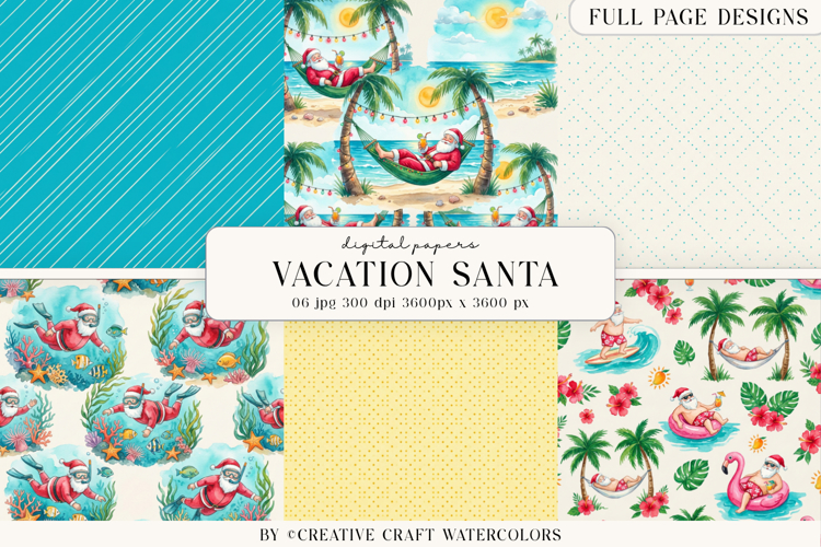 Vacation Santa Watercolor Digital Papers Tropical Background