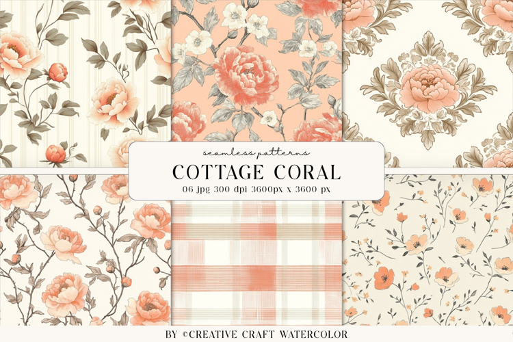 Cottage Coral Floral Seamless Pattern Digital Paper