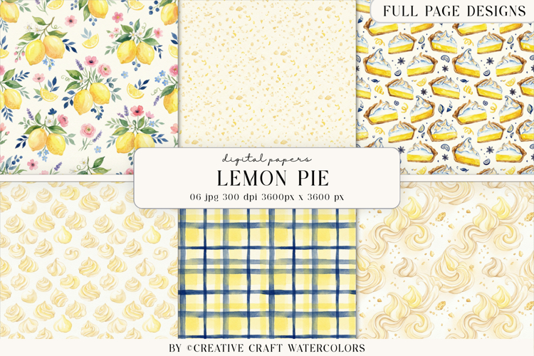 Lemon Pie Watercolor Digital Paper Bakery Backgrounds