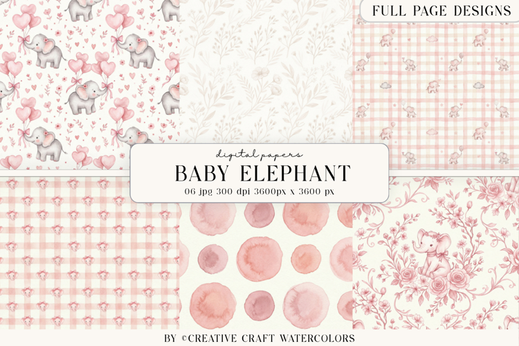Baby Shower Girl Elephant Digital Paper Vintage Backgrounds