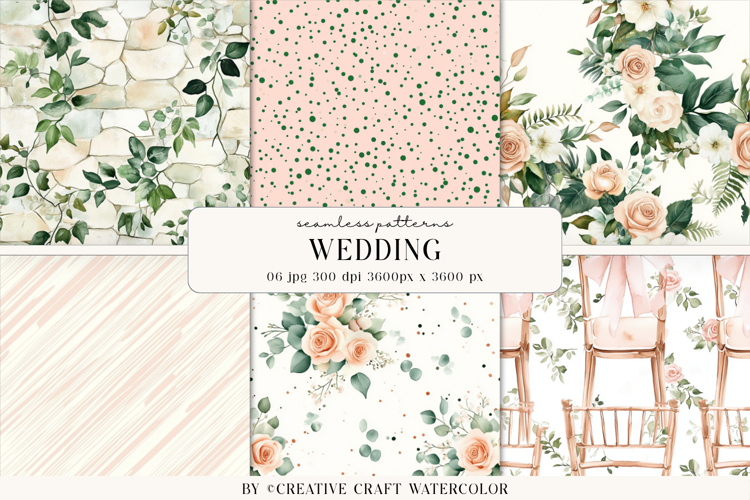Wedding Floral Seamless Patterns, Watercolor Digital Paper
