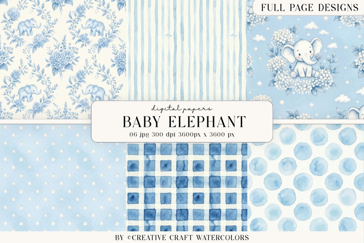 Baby Shower Boy Elephant Digital Paper Watercolor Background