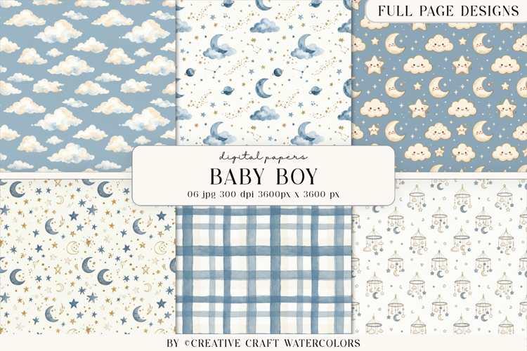 Baby Boy Digital Paper Watercolor Moon Stars Nursery