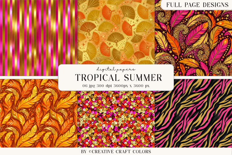 Tropical Summer Digital Paper, Neon Vibrant Backgrounds