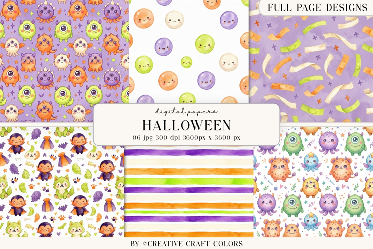 Cute Halloween Monsters, Color Digital Papers example image 1