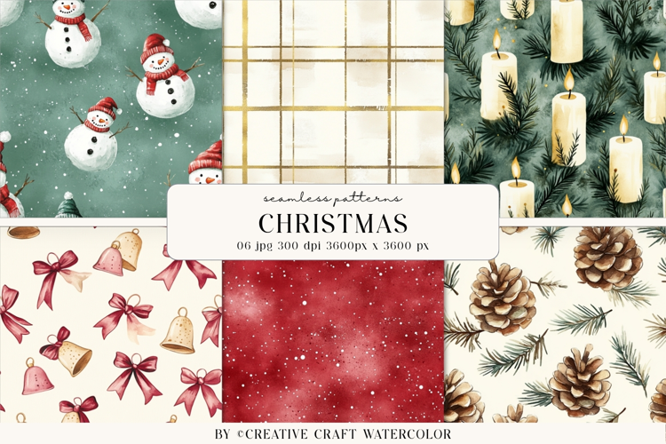 Christmas Watercolor Seamless Patterns Vintage Digital Paper