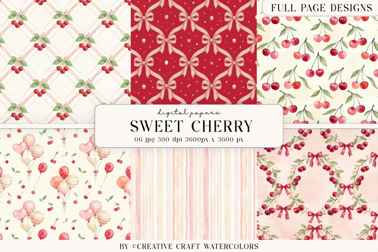 Sweet Cherry Watercolor Digital Papers Vintage Background