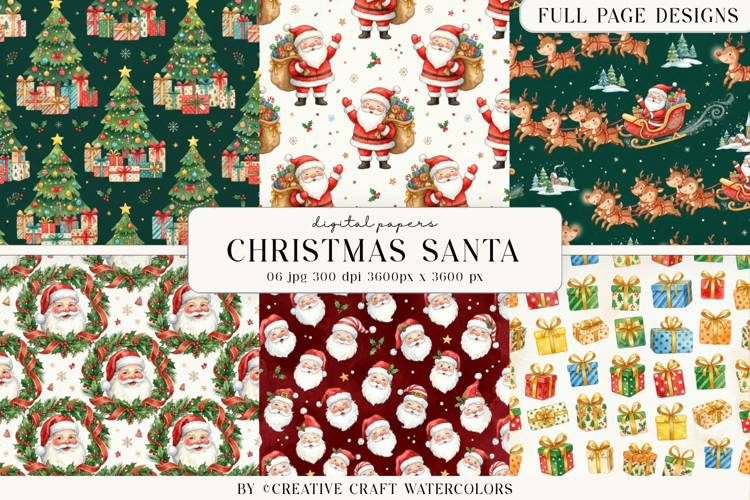Christmas Santa Digital Paper Watercolor Reindeer Background