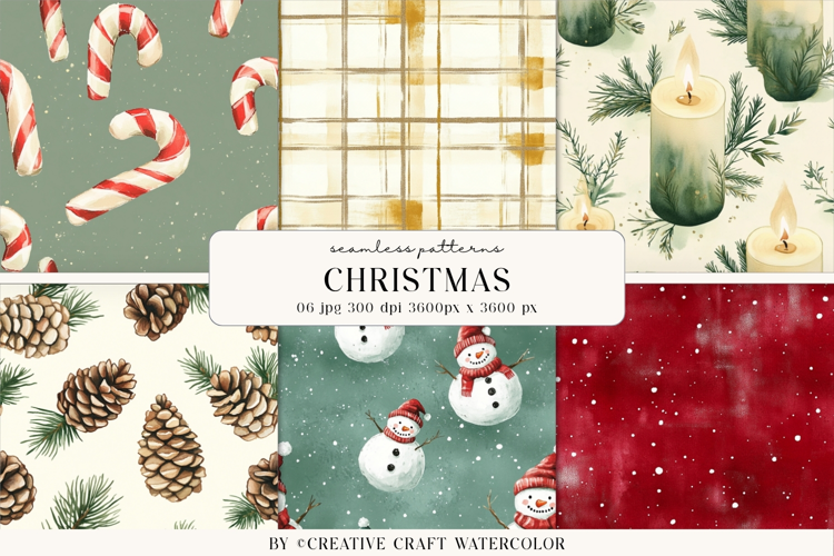 Christmas Watercolor Seamless Patterns Vintage Digital Paper