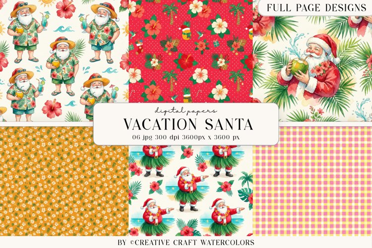 Vacation Santa Watercolor Digital Papers Tropical Background