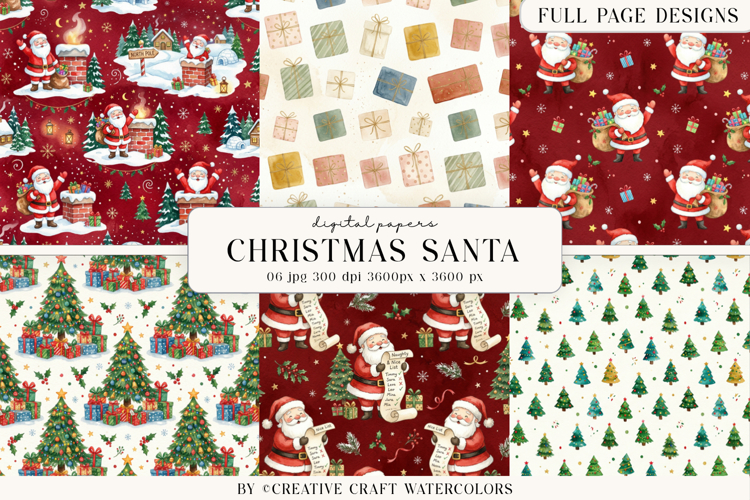 Christmas Santa Digital Paper Watercolor Reindeer Background