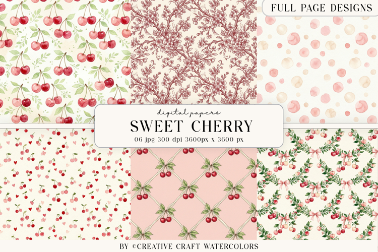 Sweet Cherry Watercolor Digital Papers Vintage Background
