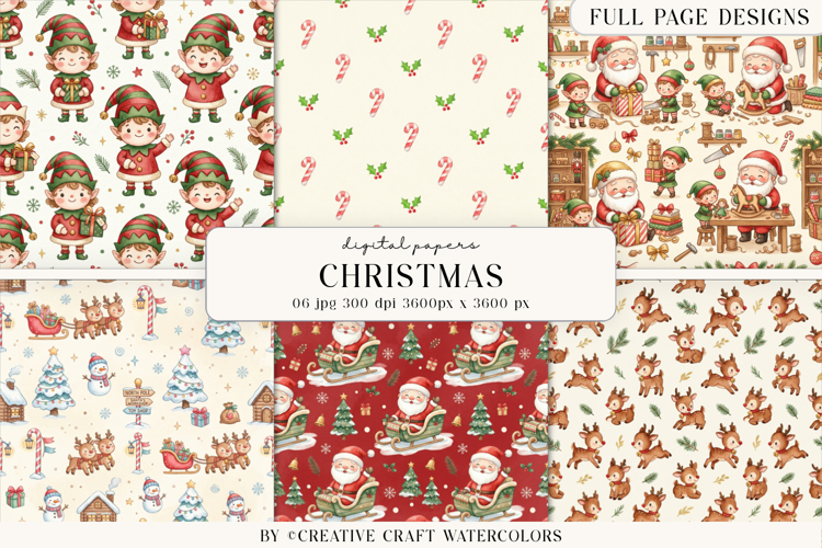 Vintage Santa Christmas Workshop Digital Paper Backgrounds