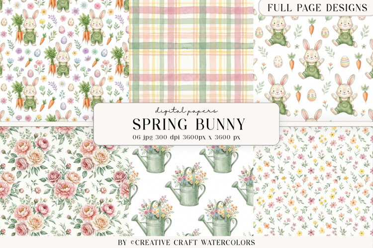 Spring Easter Bunny Digital Paper Watercolor Background example image 1