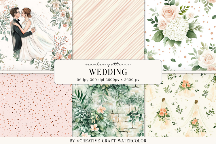 Wedding Floral Seamless Patterns, Watercolor Digital Paper