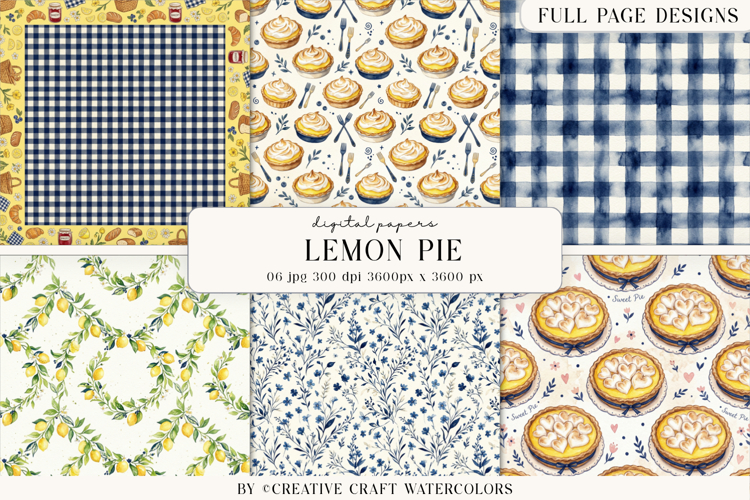Lemon Pie Watercolor Digital Paper Bakery Backgrounds