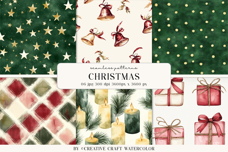 Christmas Watercolor Seamless Patterns Vintage Digital Paper