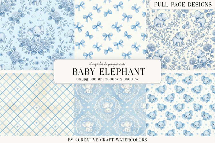 Baby Shower Boy Elephant Digital Paper Watercolor Background example image 1