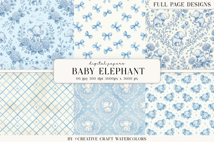 Baby Shower Boy Elephant Digital Paper Watercolor Background