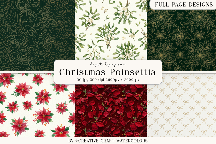 Christmas Watercolor Digital Paper, Poinsettia Backgrounds example image 1