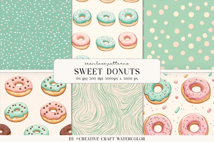 Sweet Donuts Seamless Patterns, Watercolor Digital Paper