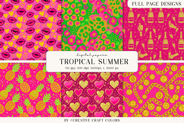 Tropical Summer Digital Paper, Neon Vibrant Backgrounds