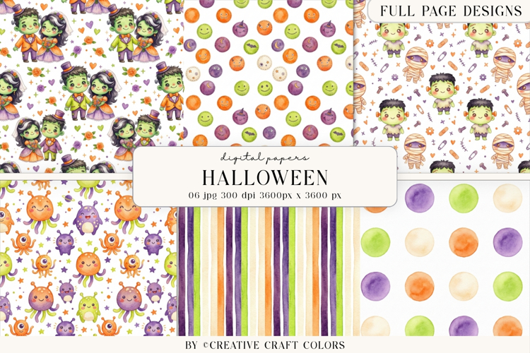 Cute Halloween Monsters, Color Digital Papers example image 1