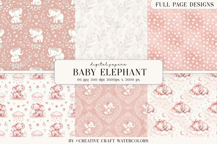 Baby Shower Girl Elephant Digital Paper Vintage Backgrounds