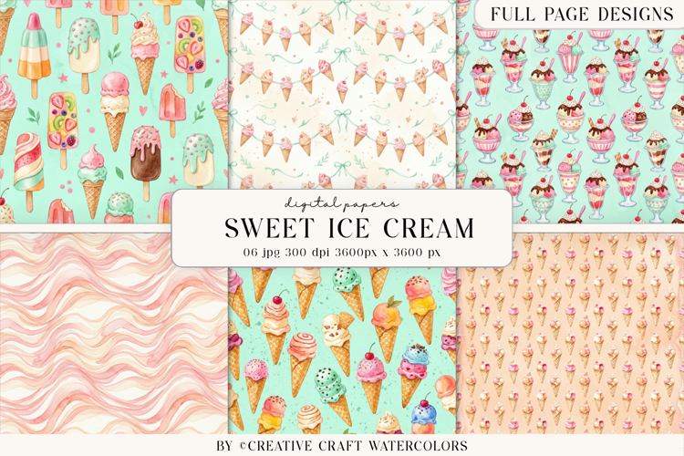 Sweet Ice Cream Digital Paper Watercolor Backgrounds