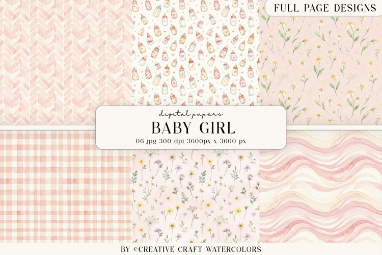 Baby Girl Floral Digital Paper Watercolor Nursery Background