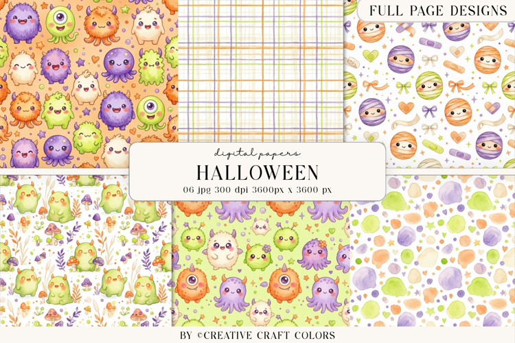 Cute Halloween Monsters, Color Digital Papers example image 1