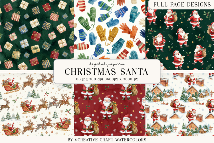 Christmas Santa Digital Paper Watercolor Reindeer Background