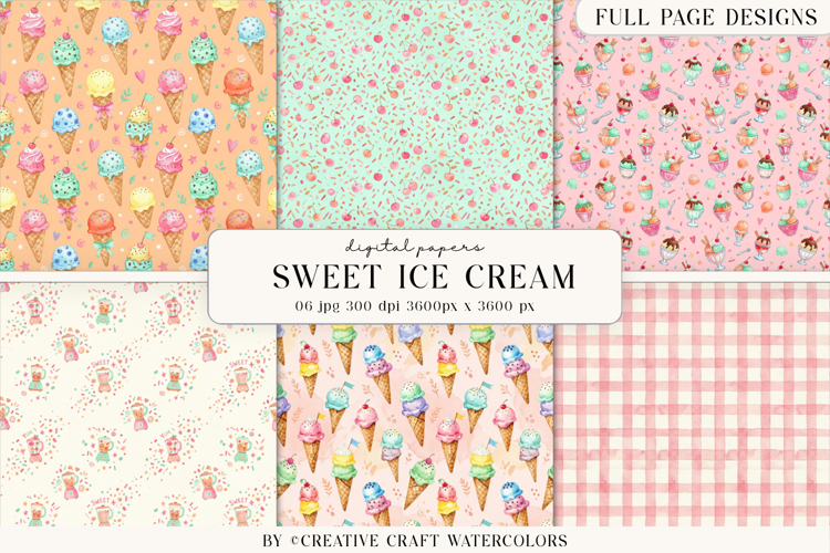 Sweet Ice Cream Digital Paper Watercolor Backgrounds