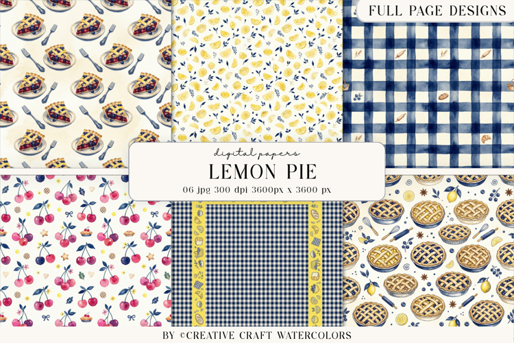 Lemon Pie Watercolor Digital Paper Bakery Backgrounds