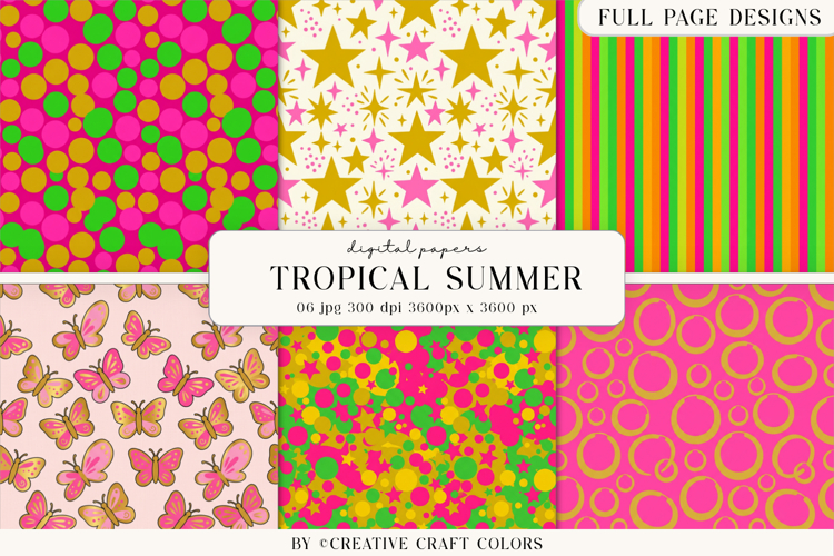 Tropical Summer Digital Paper, Neon Vibrant Backgrounds