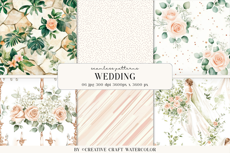 Wedding Floral Seamless Patterns, Watercolor Digital Paper