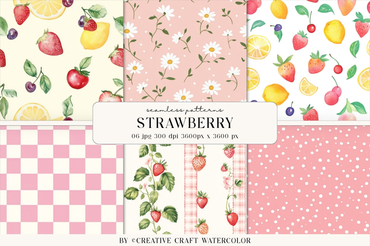 Strawberry Cottage Seamless Pattern Watercolor Digital Paper
