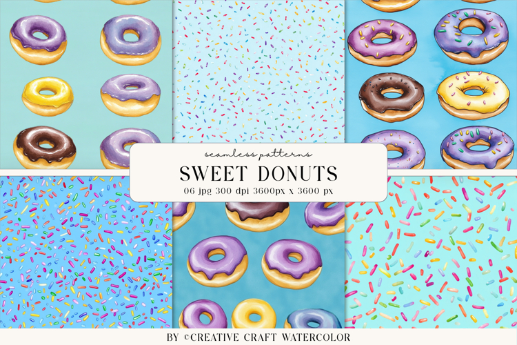 Sweet Donuts Seamless Patterns, Watercolor Digital Paper