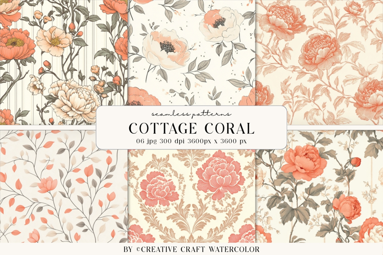 Cottage Coral Floral Seamless Pattern Digital Paper