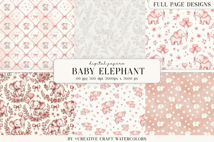 Baby Shower Girl Elephant Digital Paper Vintage Backgrounds