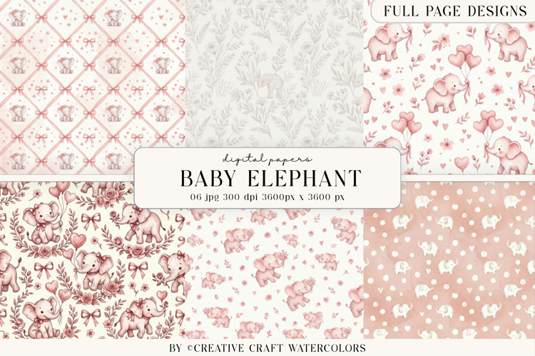 Baby Shower Girl Elephant Digital Paper Vintage Backgrounds