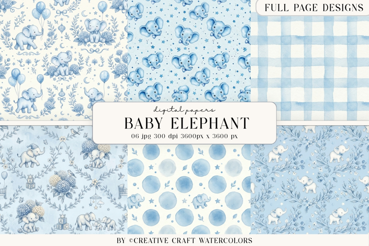 Baby Shower Boy Elephant Digital Paper Watercolor Background