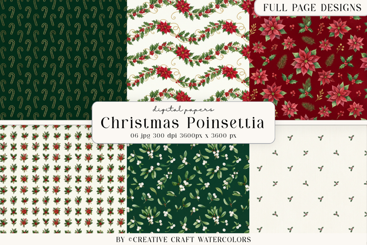 Christmas Watercolor Digital Paper, Poinsettia Backgrounds example image 1