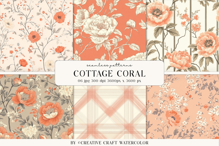 Cottage Coral Floral Seamless Pattern Digital Paper
