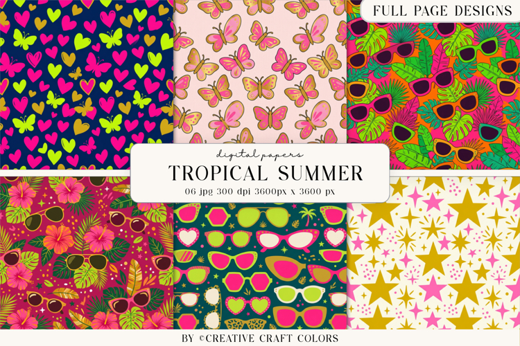 Tropical Summer Digital Paper, Neon Vibrant Backgrounds