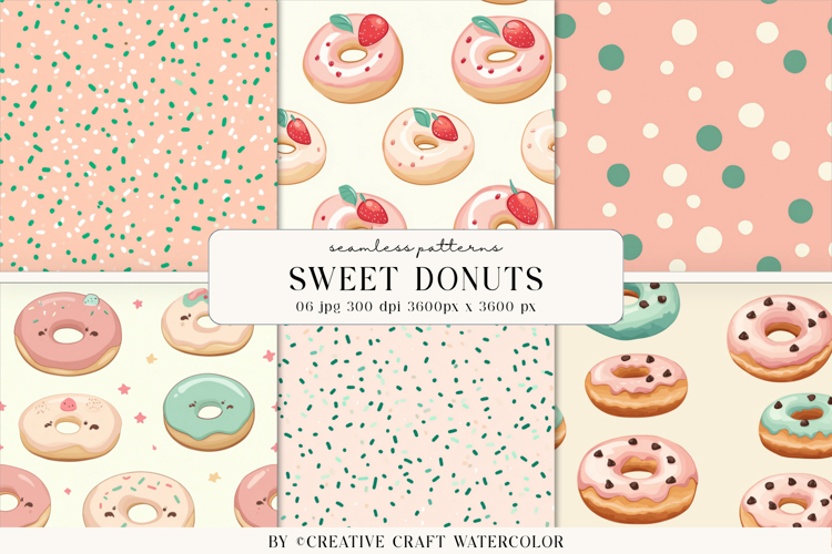 Sweet Donuts Seamless Patterns, Watercolor Digital Paper