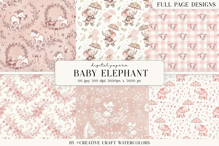 Baby Shower Girl Elephant Digital Paper Vintage Backgrounds