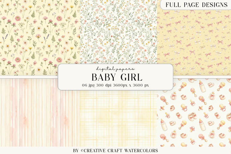Baby Girl Floral Digital Paper Watercolor Nursery Background