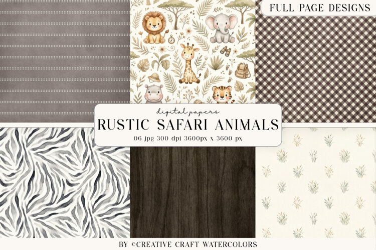 Rustic Animal Digital Paper Watercolor Safari Backgrounds example image 1