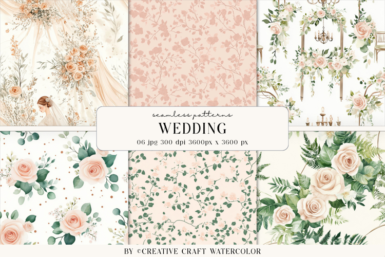 Wedding Floral Seamless Patterns, Watercolor Digital Paper